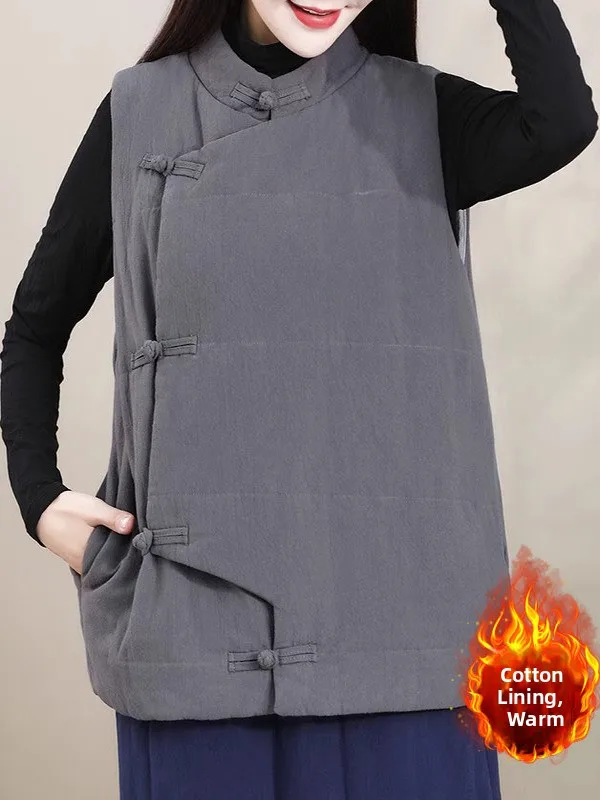 Warme Baumwollweste, große Größe, Damen-Faion, Retro-Farbe, Knopfleiste, Stehkragen, Svel-Mantel für Herbst und Winter