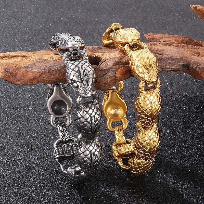 Hip Hop Stainless Steel Snake Head Men\'s Bracelet for Men Gold Color Personalized Animal Charm Bracelet Fashion Party Jewelry