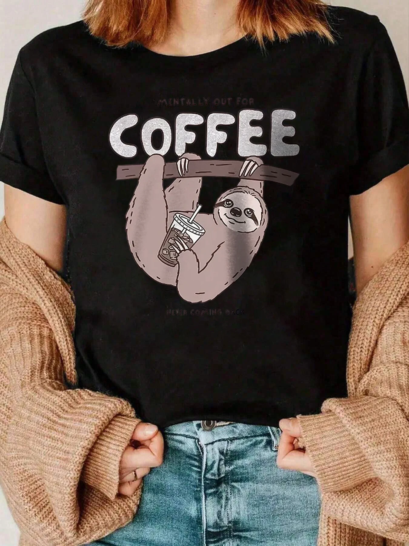 Camiseta con estampado gráfico de café perezoso, ropa informal para uso diario, mujer, 220g
