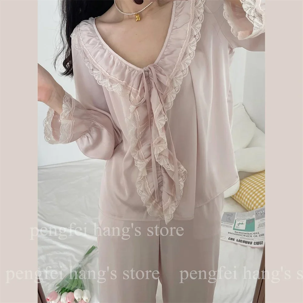 Lolita Princess Style Top&pants Ruffles Lace Trim Pajamas Set Women Satin 2Pcs Nightwear Loose Loungewear Homewear Sleepwear