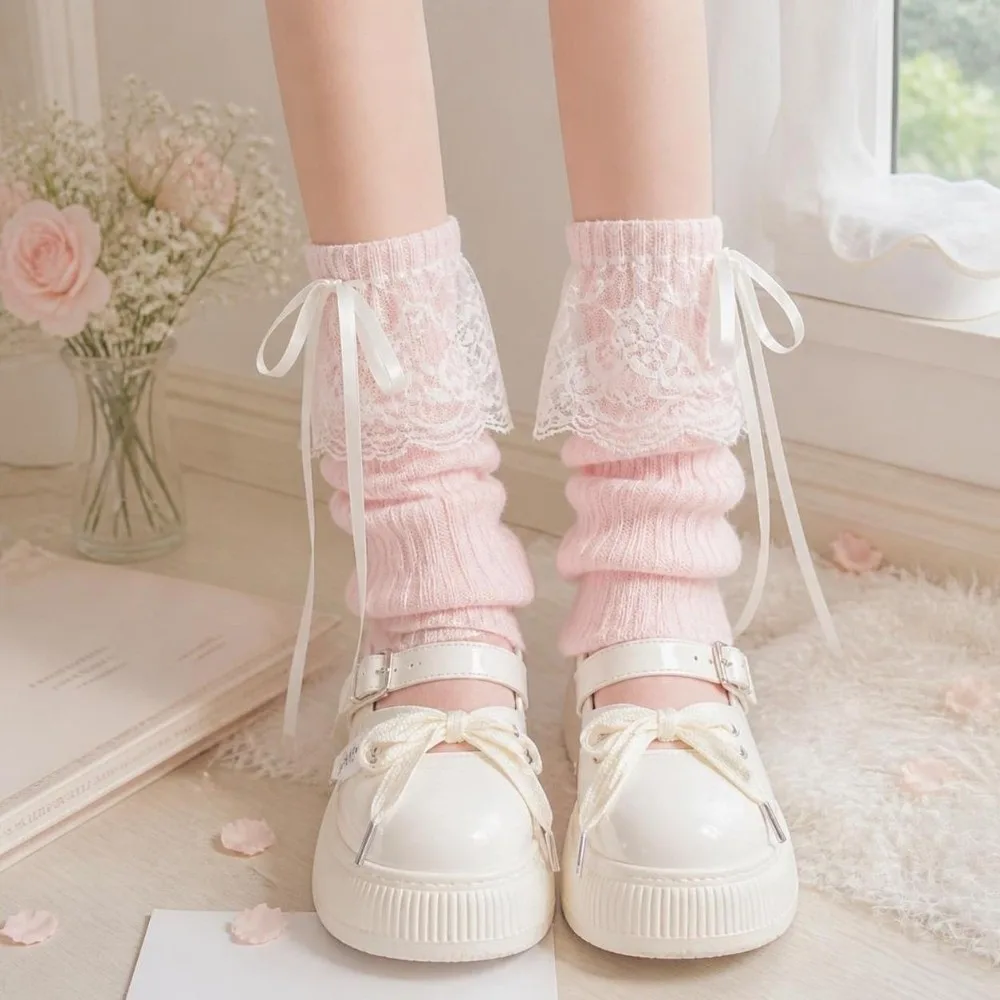 Spicy Girls Lolita Leg Warmers JK Lace Bow Knee Warmers Knitted Autumn Winter Long Socks Daily