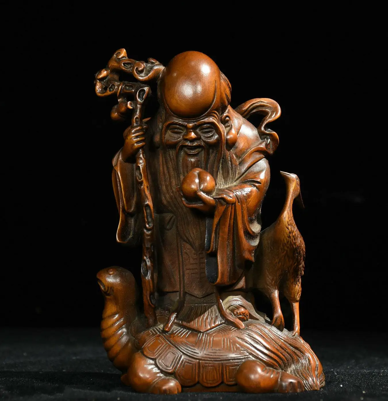 Old Chinese Boxwood Wood Carved Longevity Crane Turtle Shou Star God Statue