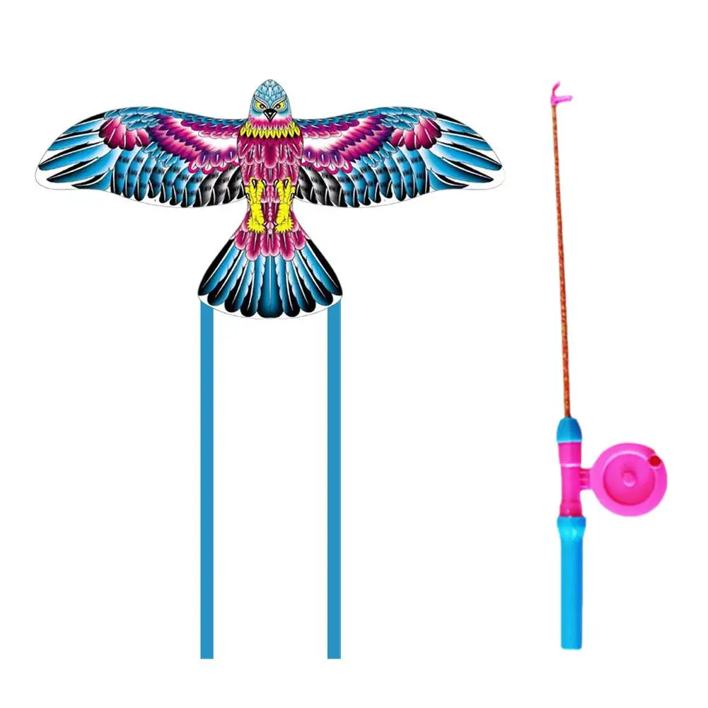 Cartoon Children Kite Flying Toys + 50cm Hand Brake Fishing Rod Line Large Parrot Eagle Butterfly Swallow Goldfish Kite For C6Q9