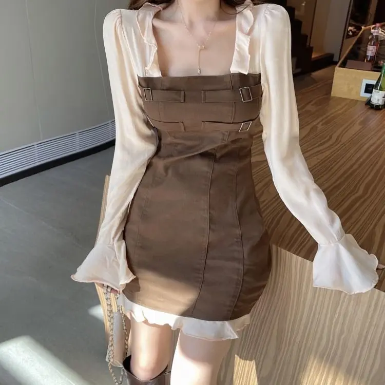 Retro square neck dress women's waist thin flared sleeve ruffle edge bottoming skirt