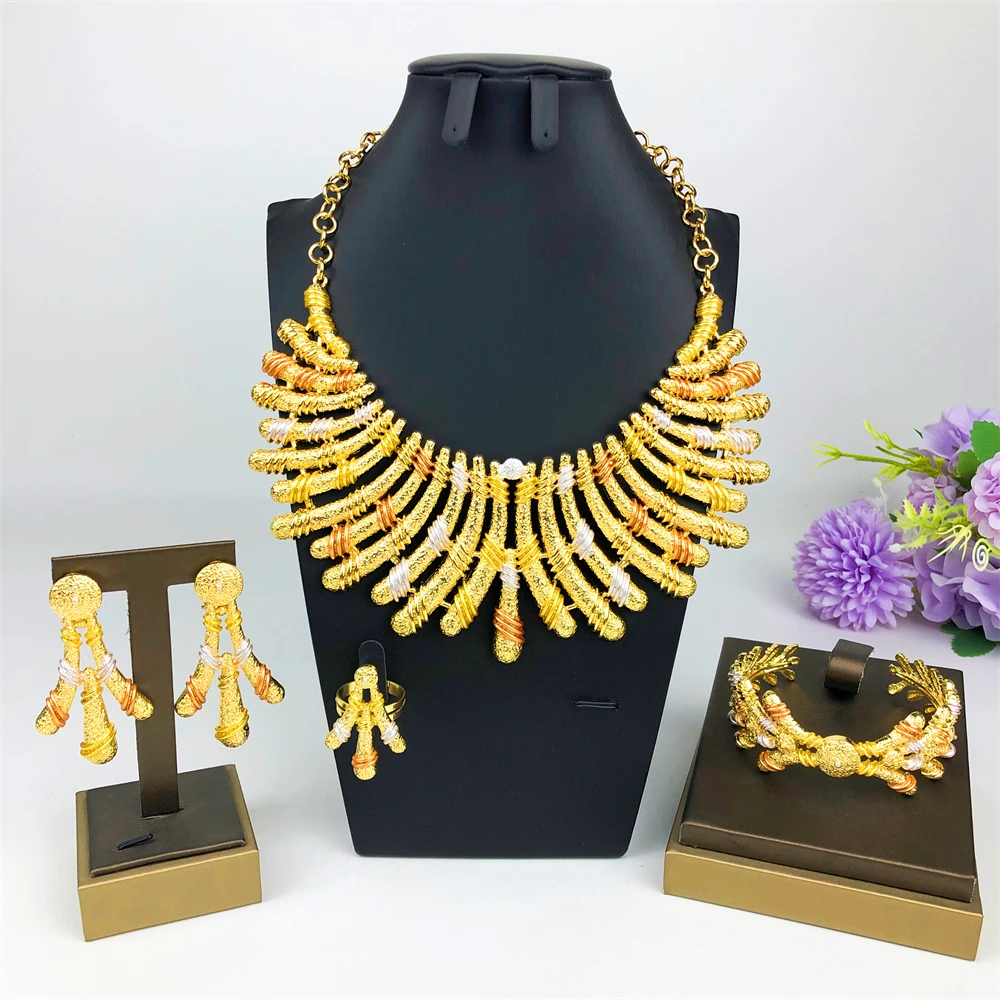ESALE Tricolor Jewelry Set For Nigerian Bridal Wedding Gift Hight Quality 18K Gold Plated Large Necklace Bracelet Earring Ring