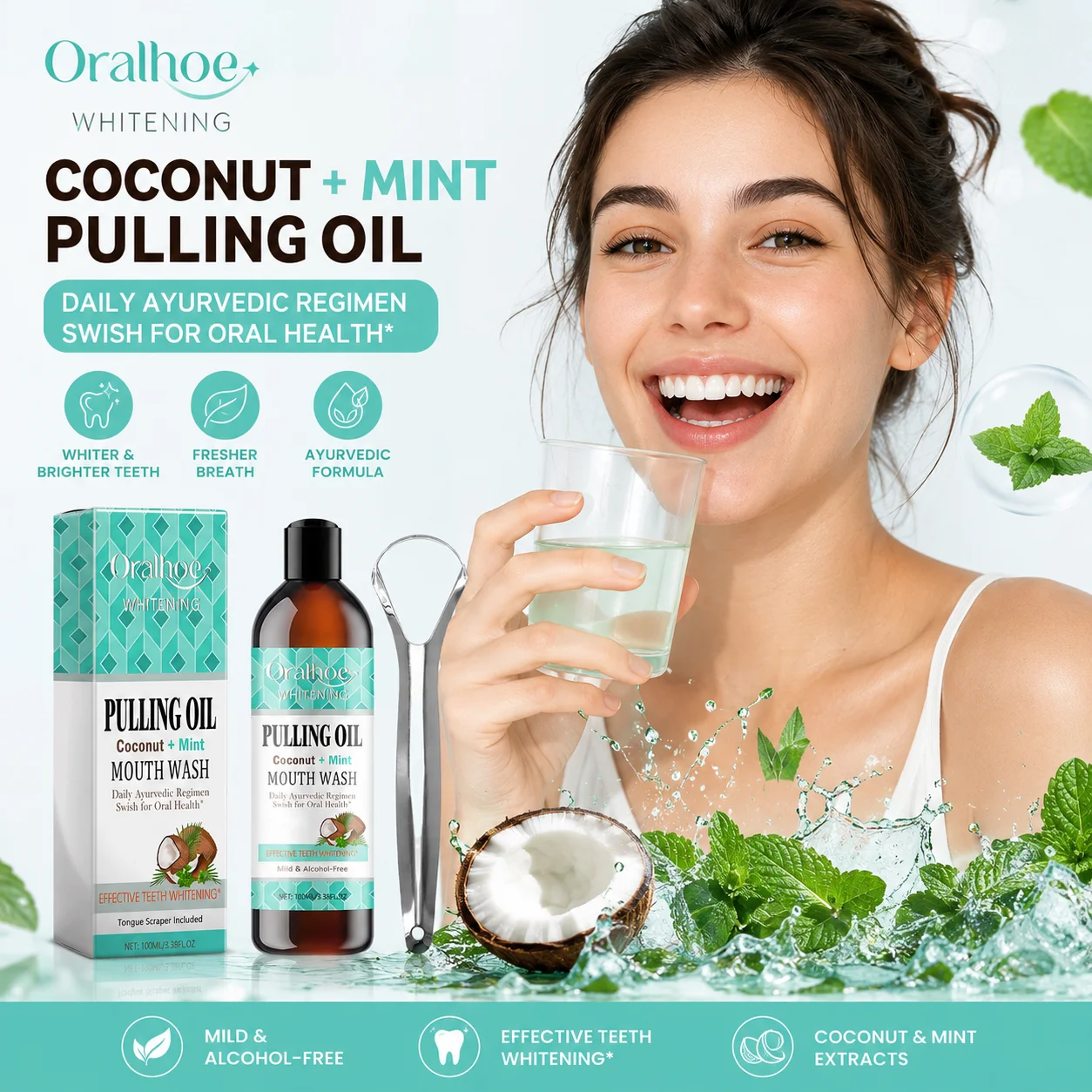 Oralhoe Coconut Mint Pulling Oil Tooth Cleaner Plaque Remover Fresh Breath Tartar Remover Whitening Mouthwash & Tongue Scraper