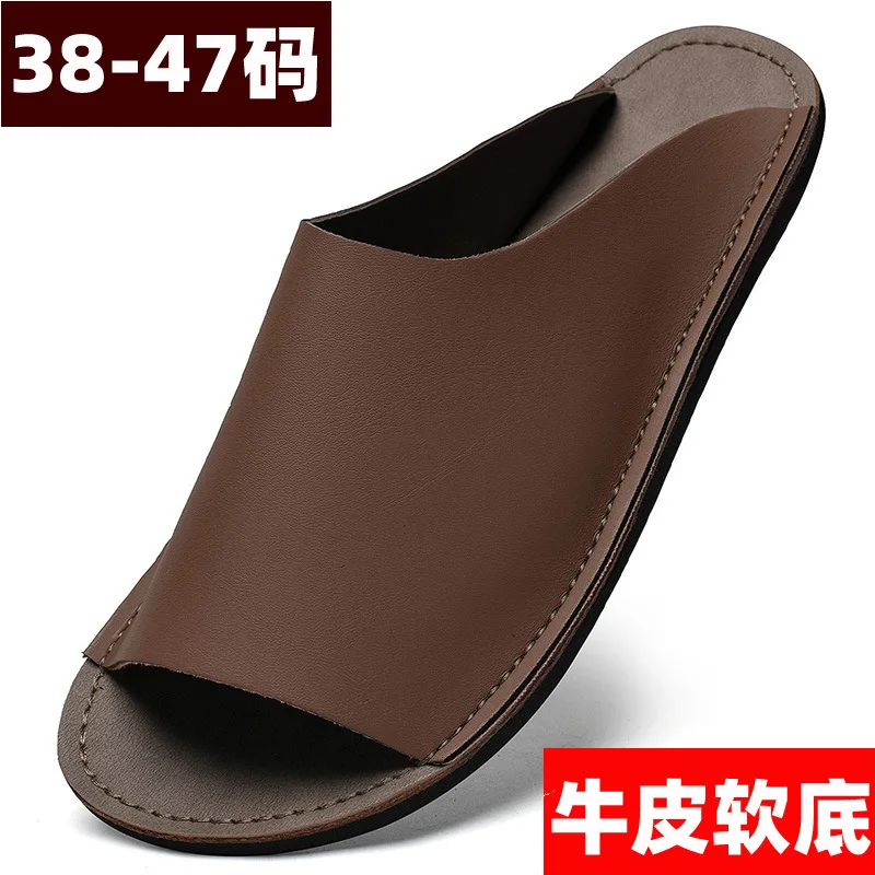 Summer Fashion Brand Men Genuine Leather One Strap Slides Outdoor Outside Wear Beach Sandals Big Plus Size Leather Slippers