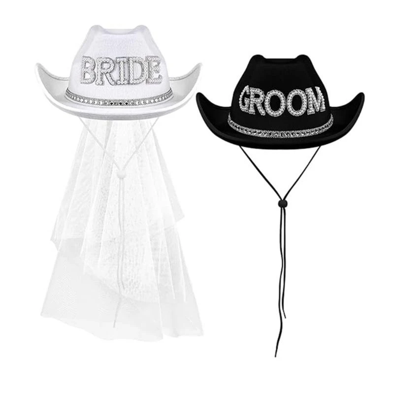 

5asd Bride Hat Hand Beading Blingbling Crystal Veil Cowgirl Hat for Engagement
