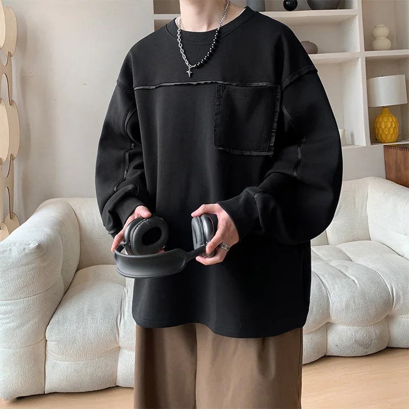 プラスサイズの男性用パーカー春と秋の長袖シャツティーンエイジャー向けのアメリカのトレンディなブランドルーズベースレイヤーポケットトップTシャツ