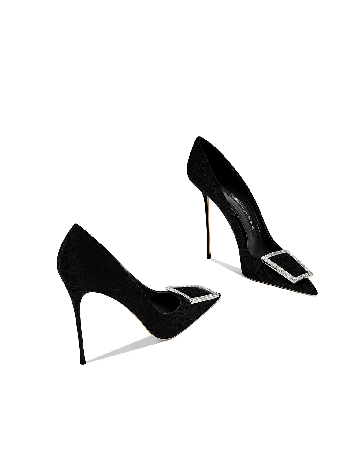 

Spring New Women's Shoes Square Buckle Black Sheepskin Pointed Shallow Mouth 10cm Thin Heel High Heels
