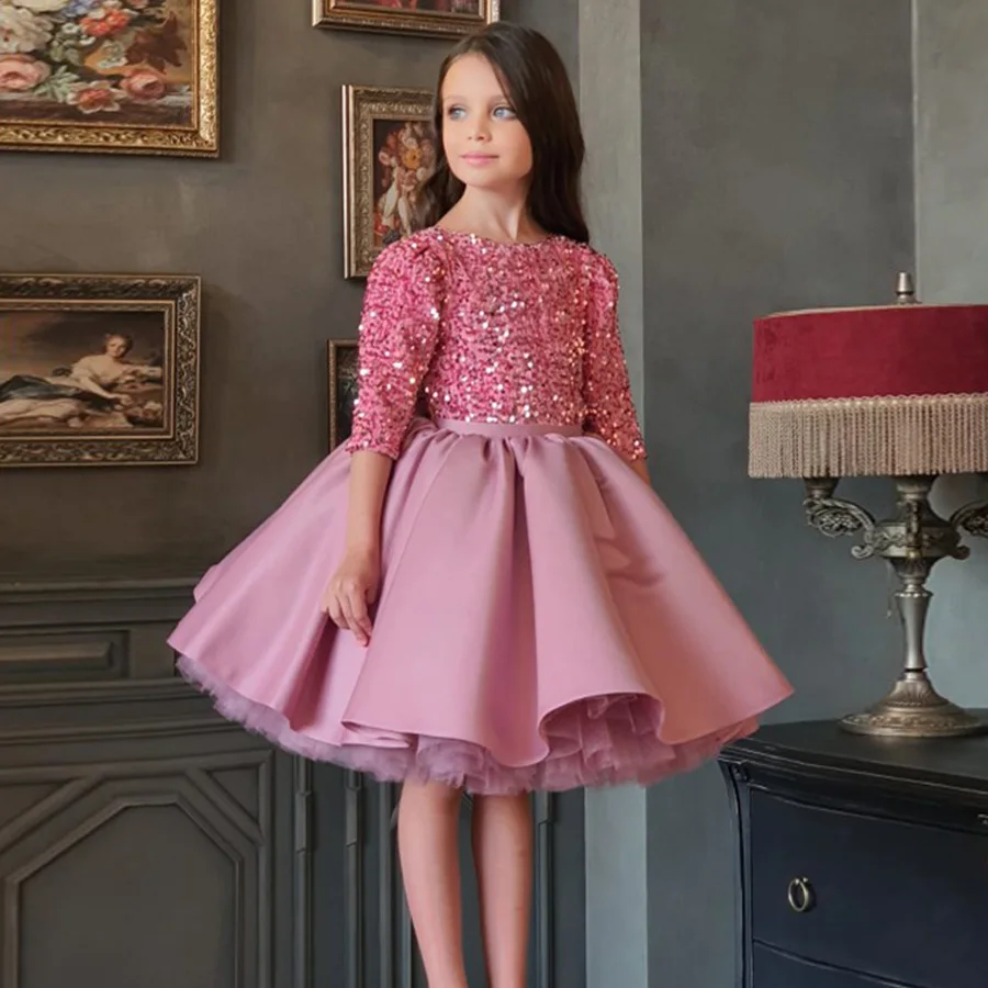 Bambini Flower Girl Dress girocollo mezze maniche paillettes Satin A Line Ball Gown lunghezza al ginocchio abiti da compleanno per la prima comunione