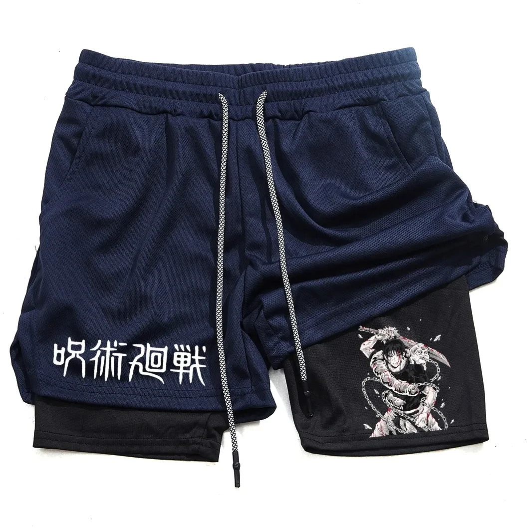 Japan Anime Performance Printed Shorts Men Casual Sports Compression Shorts Workout Running Mesh 2 in 1 Sport Short Pants Summer