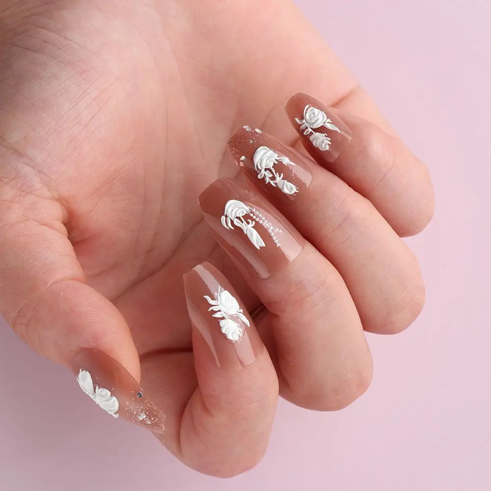 تصميم الزفاف الشارات المنزلق ذاتية اللصق 5D ملصقات الأظافر الزهور يترك تنقش #4