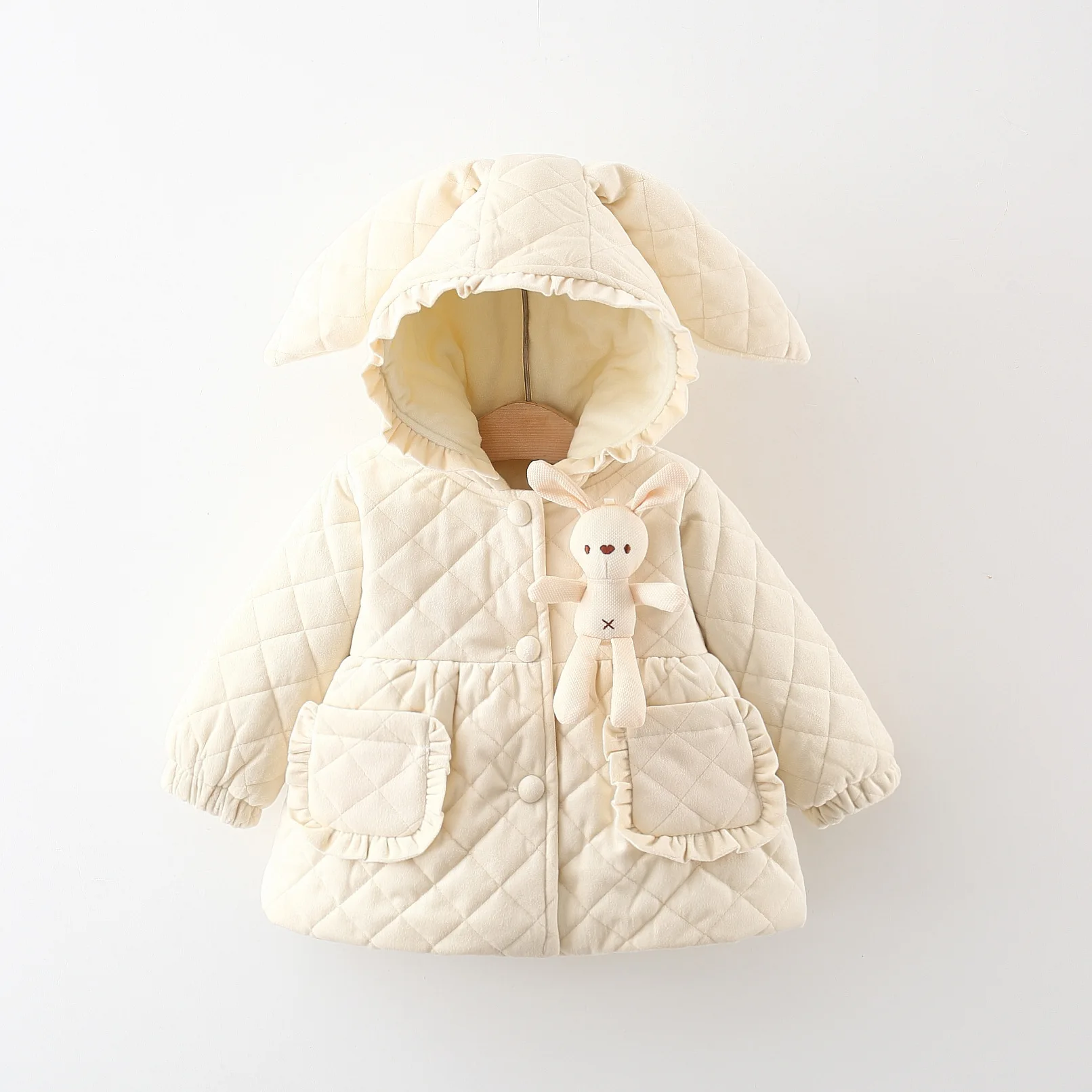 Winter New Girls\' Coat Padded Padded Jacket Thick and Fluffy Warm Padded Jacket Hooded Rabbit Ears Lace Pleated Long Sleeve