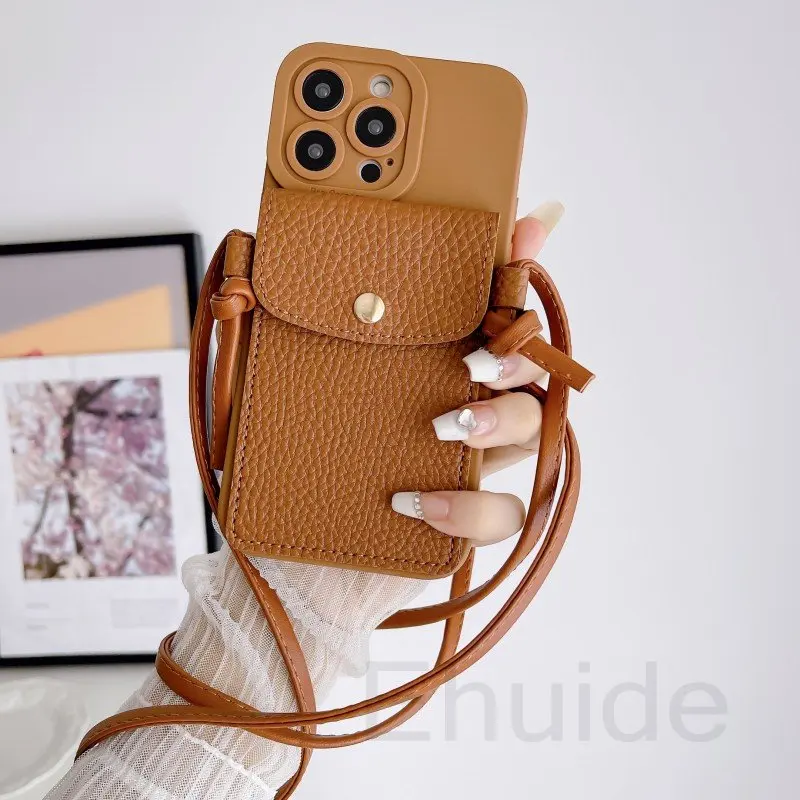 Wallet Bag Lanyard Case for iPhone 14 Pro Max 11 12 13 15 Pro X XR XS 7 8 Plus Crossbody Strap Soft Luxury Lychee Leather Cover