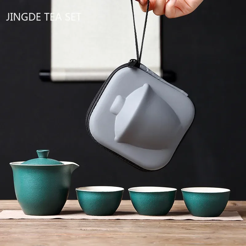 

Travel Ceramics Tea Set Portable Tea Maker Rough Pottery One Pot Three Cups Outdoor Tea Pot and Cup Set Small Set Home Drinkware