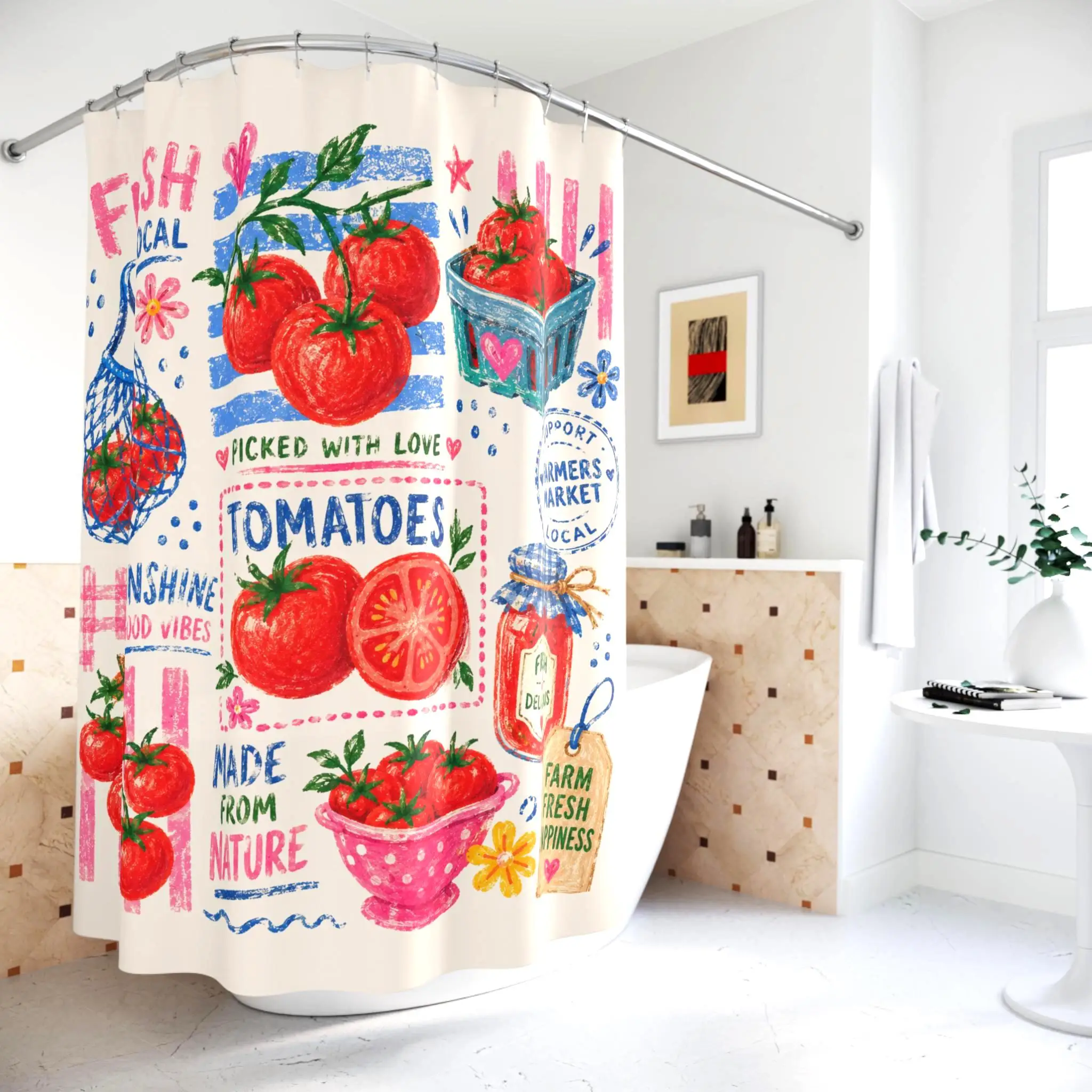 Farm Fresh Produce Shower Curtain Watercolor Kitchen Garden Theme Bathroom Decor Coastal Farmhouse Style