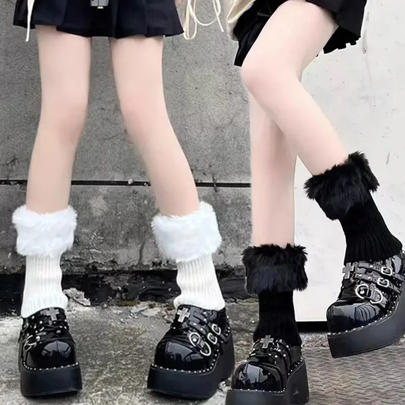 

Зимние утепленные вязаные манжеты для ботинок, черно-белые гетры с отделкой из искусственного меха, гетры для ботинок, носки, топы, аксессуары, носки для косплея