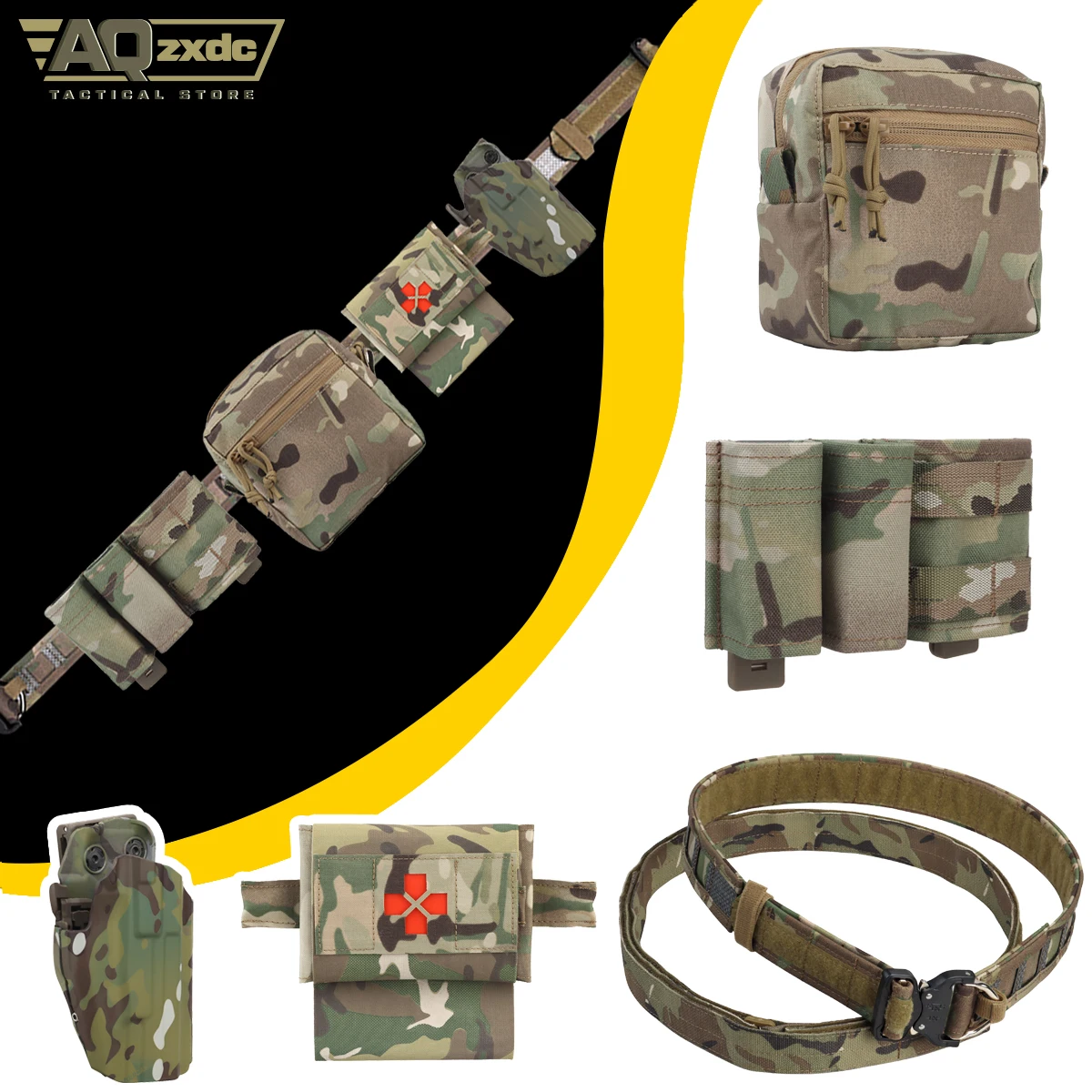 

Tactical Assault Belt with Quick Draw Holster & Triple Mag Bag & BFG Medical Bag & GP Sundry Bag for Airsoft Paintball Hunting