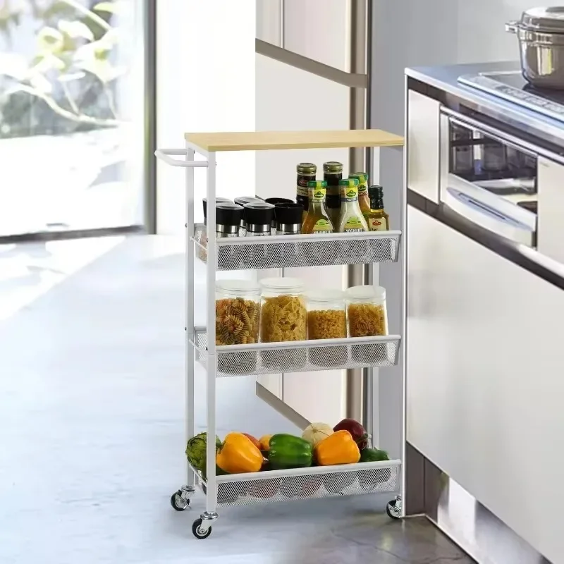 Rolling Kitchen Shelving Unit on Wheels Mobile Narrow Cart with Wooden Tabletop for Bathroom, Laundry Narrow Places