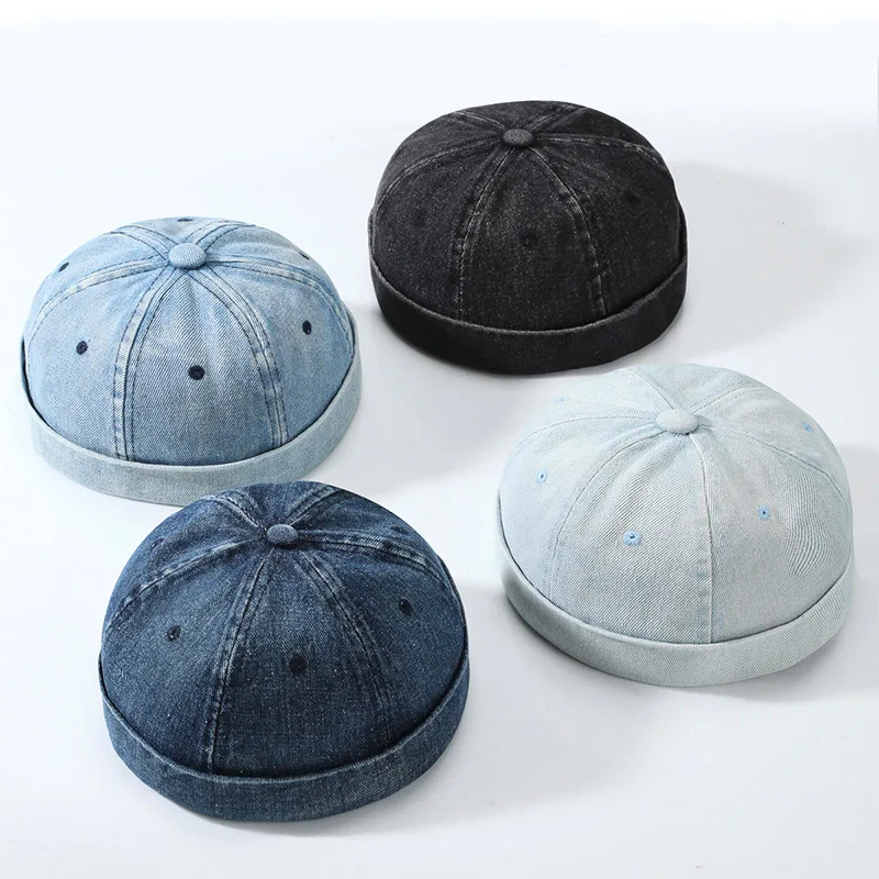 

Hip Hop Blue Denim Washed Cotton Landlord Hat Docker Cap Rolled Edge Brimless Sailor Hat Solid Adjustable Beanie Hats Streetwear