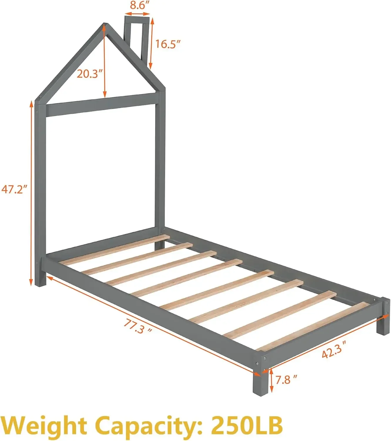 Bed Frame with Headboard and Slats, Twin Size Platform Bed with House Shaped Headboard, Twin Bed for Kids, Boys, Girls(Gray Twin