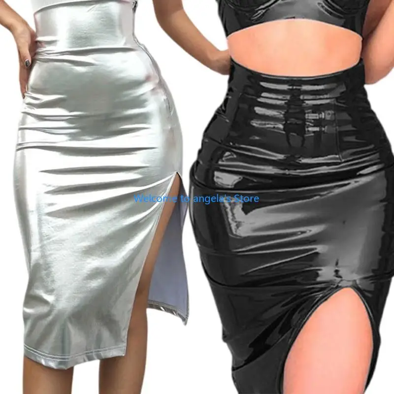 X4YC Saia midi metálica brilhante couro sintético com fenda lateral para mulheres saia lápis bodycon cintura alta para e