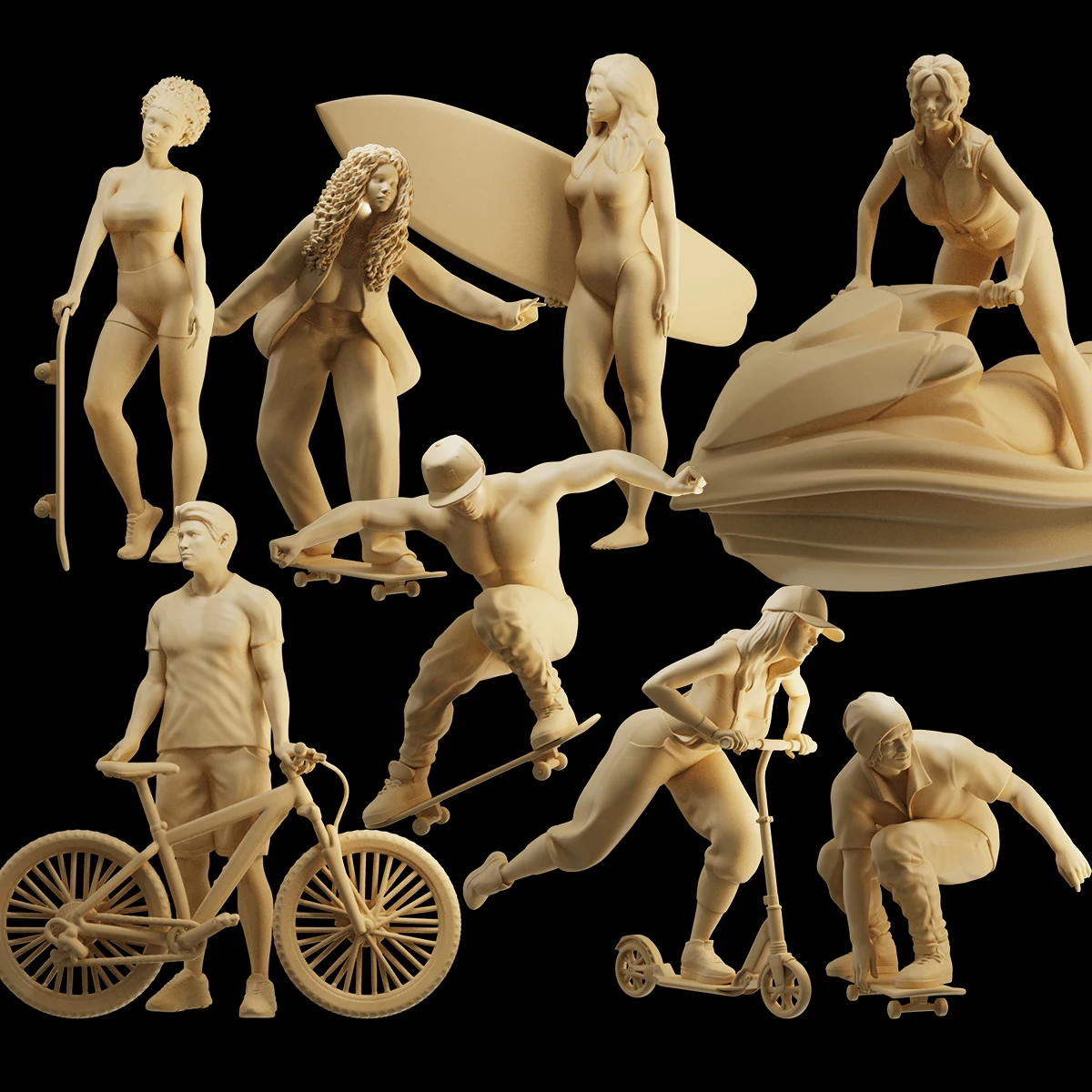 

Miniatures Figurine 1/64 1/43 1/35 Sports Figures Surfing Skateboarding Cycling Boy Girl 3D Print Diorama Doll Sand Table Scene