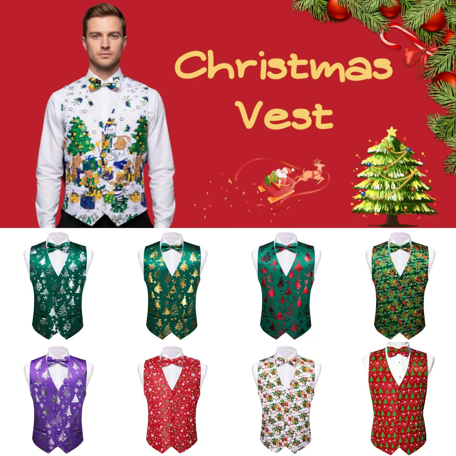 

Christmas Colorful Vest Bow Tie Pocket Square Cufflinks Set 4 Pieces Xmas Wedding Party Suit Accessories Gifts for Dad Boyfriend