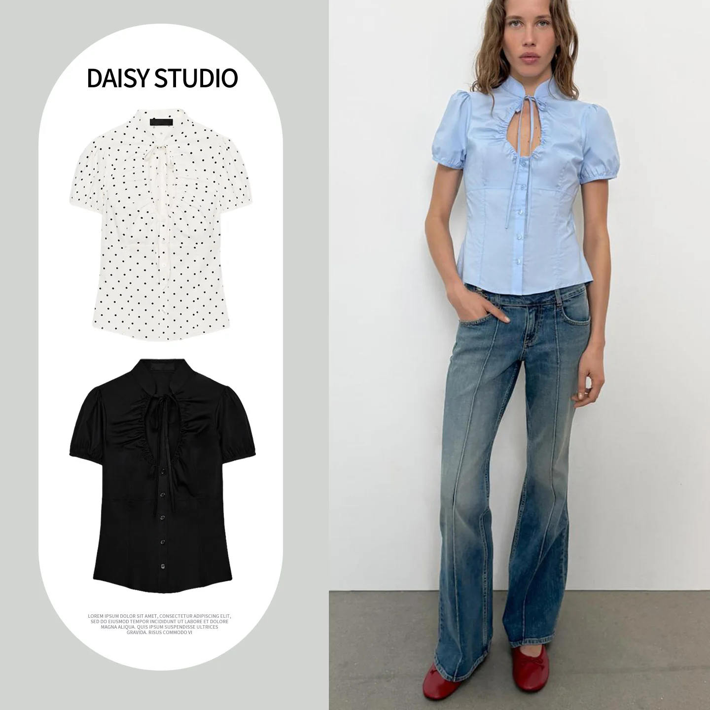 

Новинка Весна-Лето: Женский повседневный топ с воротником-стойкой, рукавами-фонариками, декоративными пуговицами и завязками, V-образный вырез, полиэстер