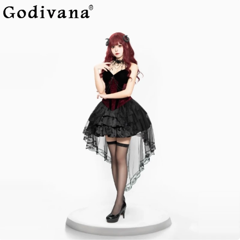 

Halloween Gothic Sexy Halter Cosplay Set Women Backless Sling Tops High Waist Back Skirts Two Piece Suit Girls Role Play Outfits