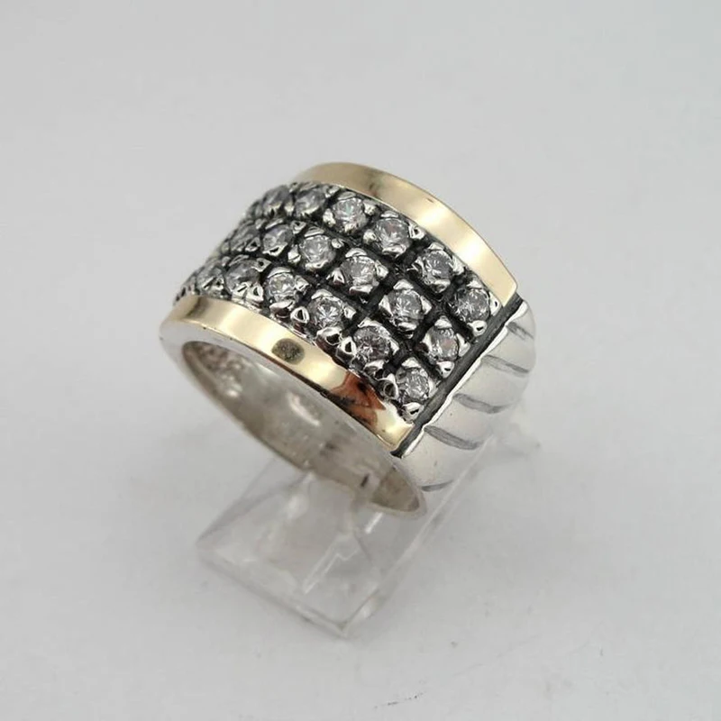 Vintage Two Tone Three Lines White Stone Wide Ring For Women Men Wedding Party Banquet Retro Anniversary Jewelry
