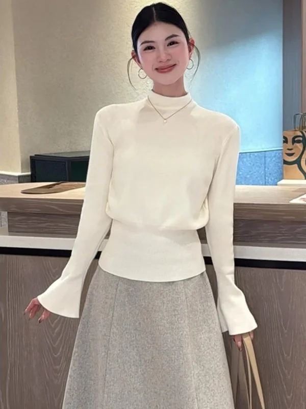 

Корейский женский вязаный свитер с высоким воротником и рукавами-колокол, облегающий, с эффектом утяжки на талии, весна 2026, новая модная коллекция