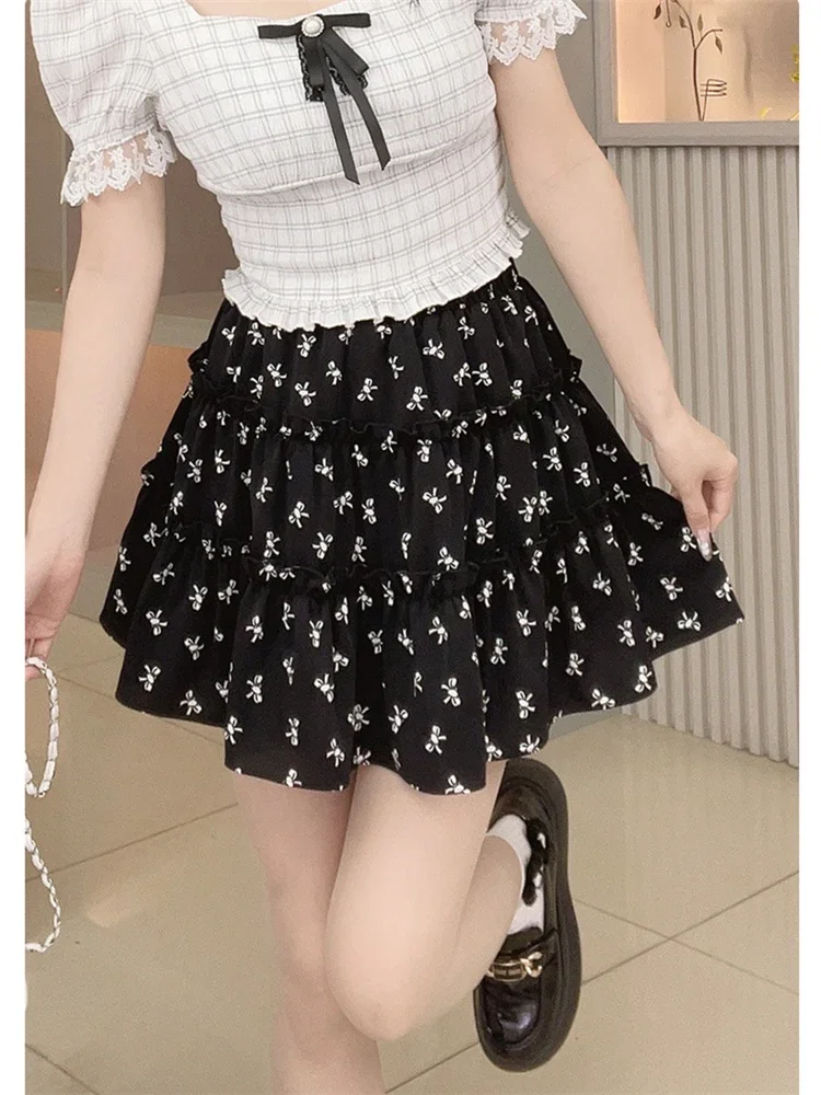 Korean Fashion Black White Bow Print Mini Skirts Girls Casual A-Line Elastic Waist Summer Short Skirt with Shorts Skorts