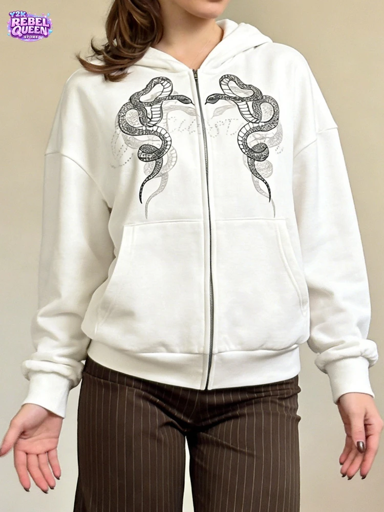 

Американская винтажная повседневная куртка для женщин: свободный крой, с принтом, на молнии, с длинными рукавами, с капюшоном, модная уличная одежда, популярная модель