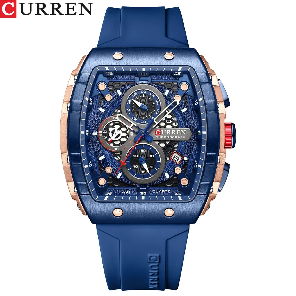 CURREN 8442 Quartz Watch Creative Cool Men Clock Outdoors Silicone Strap Date Chronograph Analog Display Wrist Watches for Men