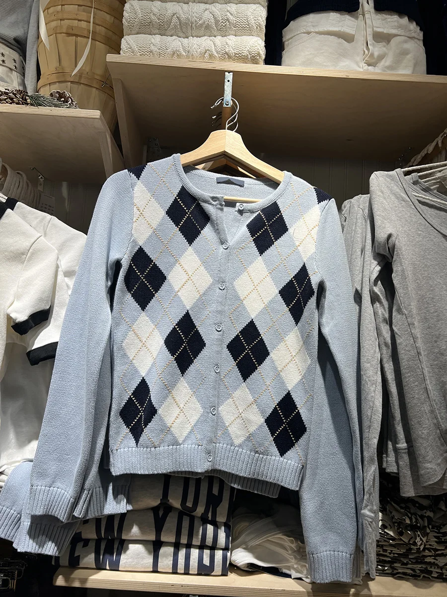 Cardigan de malha fino xadrez irregular feminino outono em torno do pescoço único breasted camisola estilo preppy casual manga longa malhas