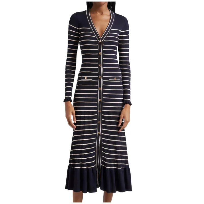 

Spring New Women High Waist Long Dress Elegant Striped Maxi Skirt Stylish Commute Fashionable V-Neck Knitted Long Sleeve Dress