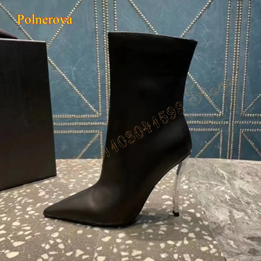 

Sexy Pointed Toe Leather Mid Calf Boots,Iron Heel Zipper High Heel Boots Wedding Party Women Boots 2024 New Zapatos Para Mujere