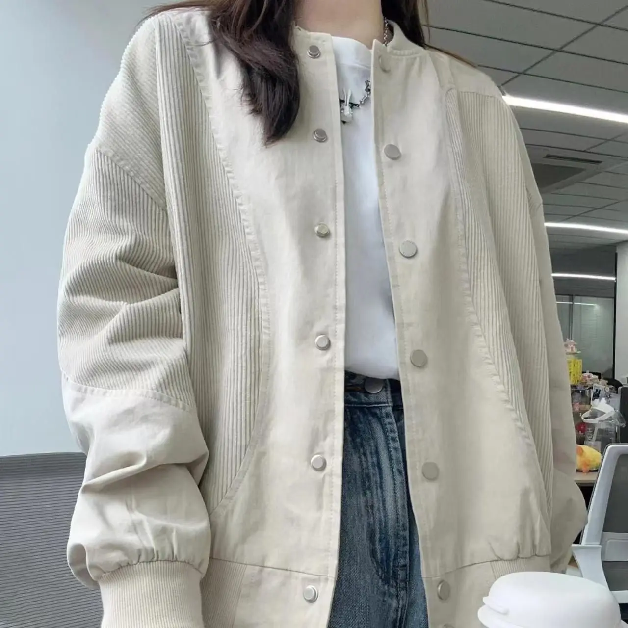 

Corduroy Patchwork Baseball Jacket for Women Spring Autumn American Retro Loose Casual Commuting Coat Top Fashion Women Clothing