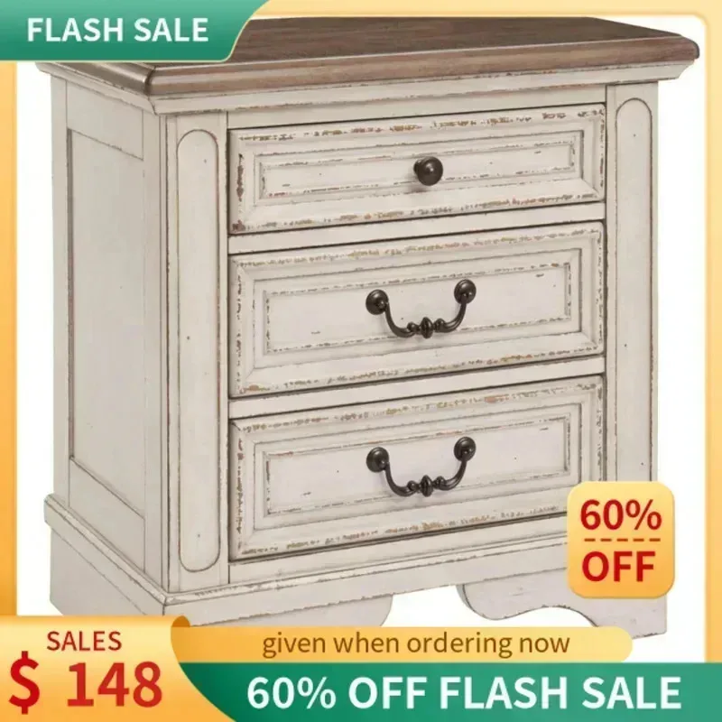 PMD4-애슐리 리엘린의 시그니처 디자인 프렌치 컨트리 3서랍형 나이트스탠드(전기 콘센트 및 USB 포트 포함), 칩드 화이트,