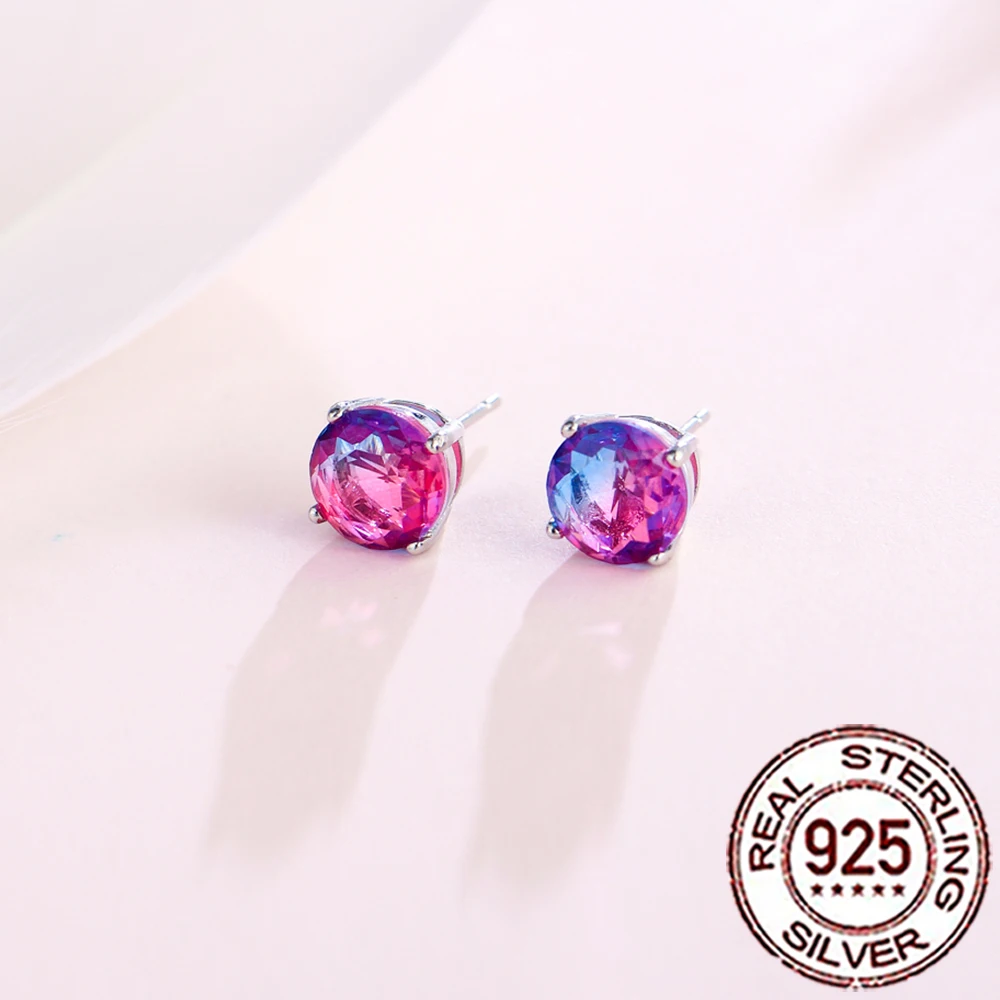 QooLady 925 Sterling Silver Delicate Shiny Rainbow Mystic CZ Stone Round Stud Earrings for Women Fine Party Daily Jewelry SE050