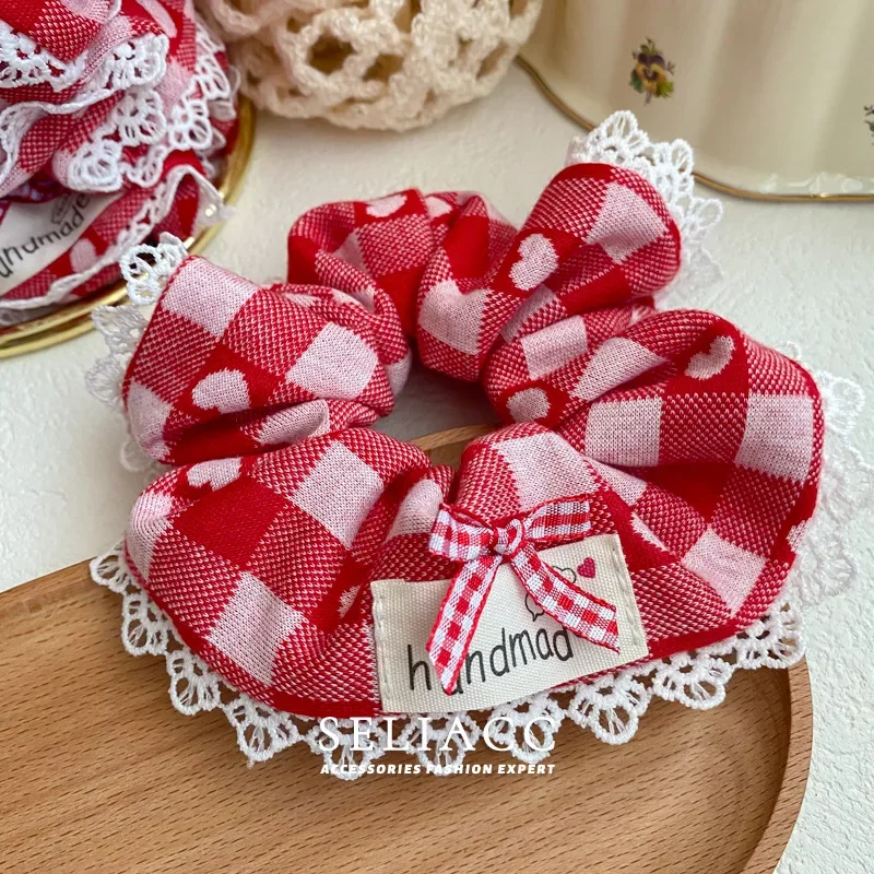 

BYL Autumn and Winter Hair Rope New French Hair Circle Vintage Red Lace Bowknot Handmade Hairband Scrunchie Hair Accessories