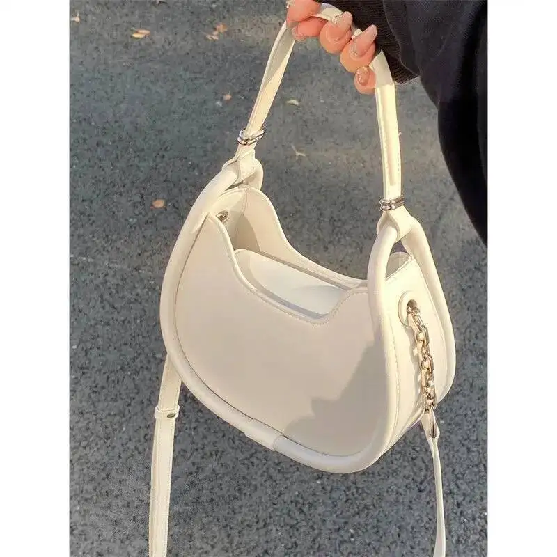 

Bloom White Half Moon Bags Women 2023 New Handle Leather Chic Solid Messenger Ladies Haruku Aesthetic Crossbody Bag Y2k