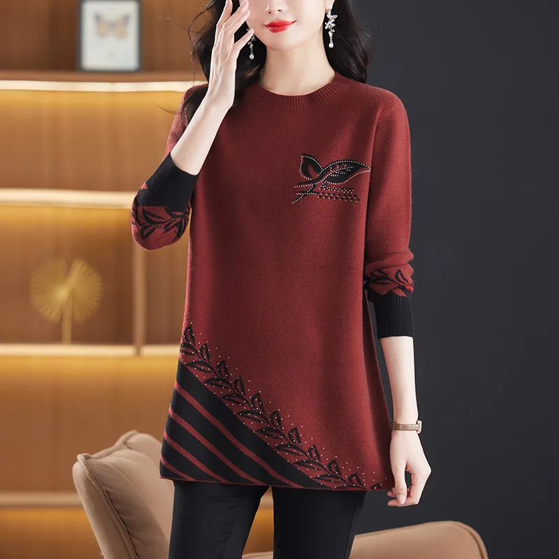 Vintage Printed Winter Clothes Woman Pullover Sweater Tops Middle Aged Mother Knitwear Jumper Jersey For Women Spring Autumn