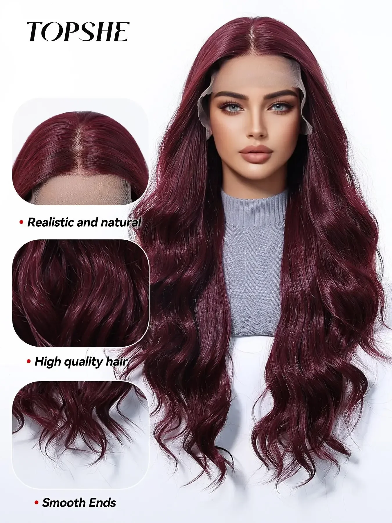 Topshe 26 Inch Burgundy Long Wavy Synthetic Lace Front Wigs for Women Heat Resistant Daily Party Wear Wigs without Bangs