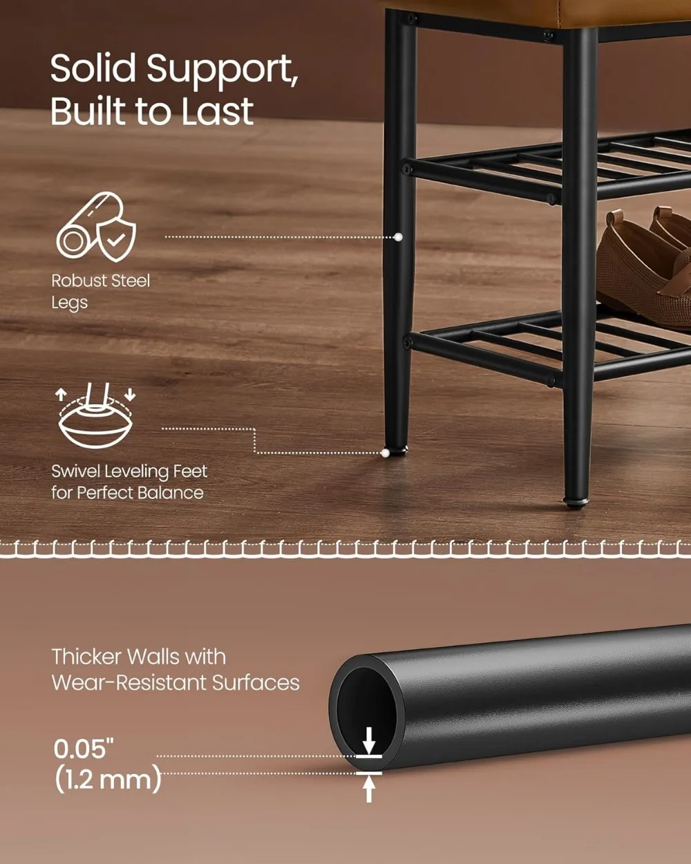 مقعد رف أحذية حديث من منتصف القرن مع مساحة تخزين، جلد صناعي، يحمل 300 رطل، بني كراميل للمدخل #6