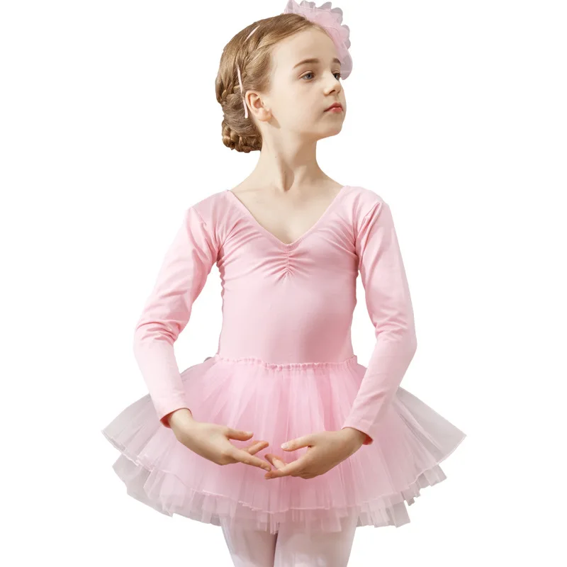 Meninas ballet collants bowknot vestido de dança crianças manga longa collants ginástica rosa algodão crianças ginástica bodysuits vestido