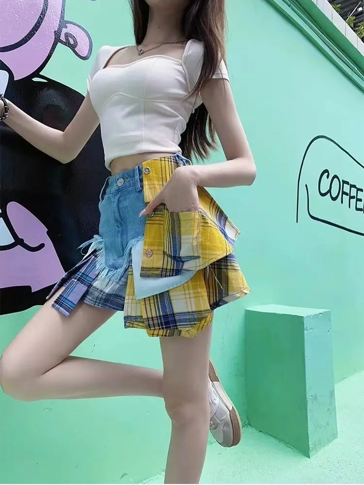 Y2k Retro Plaid Splicing Denim Shorts Women 25 Autumn New High Waist Loose Jean Wide Leg Hot Pants