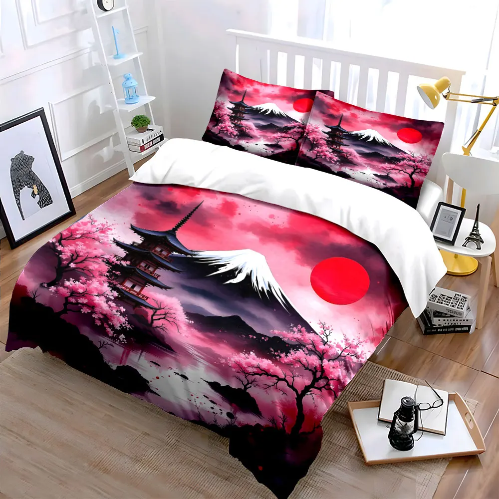 Red sky, cherry blossoms, Mount Fuji Duvet Cover Set with 3D Printing Design Soft Polyester Bedding Set All-Season Comfort